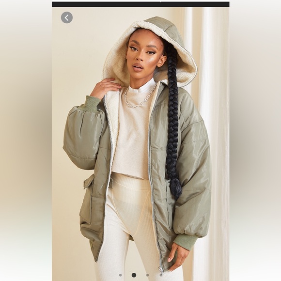 Olive Green Sherpa Lined Hooded Bomber Jacket - Picture 4 of 5